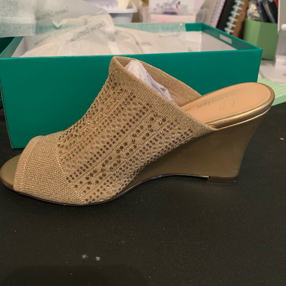 Lauren Lorraine Gold and Tan Wedge Sandals